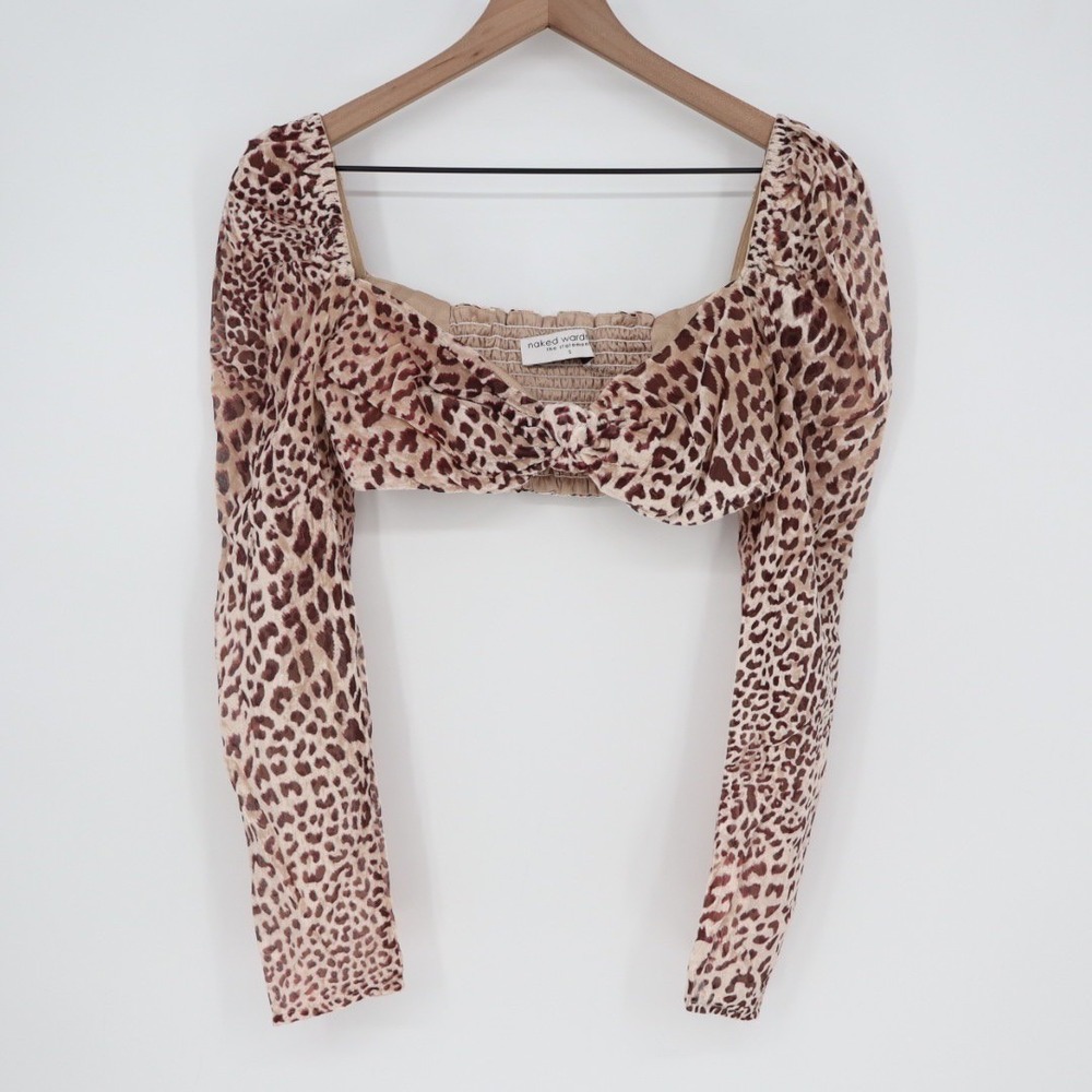 Naked Wardrobe Leopard Velvet Twist Front Crop Top Long Mesh Sleeve M - Picture 2 of 5